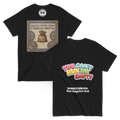 Black Nonna’s Law #33 T-shirt, front and back, with colorful ‘You can’t run on empty’ lettering and sack mosaic artwork.