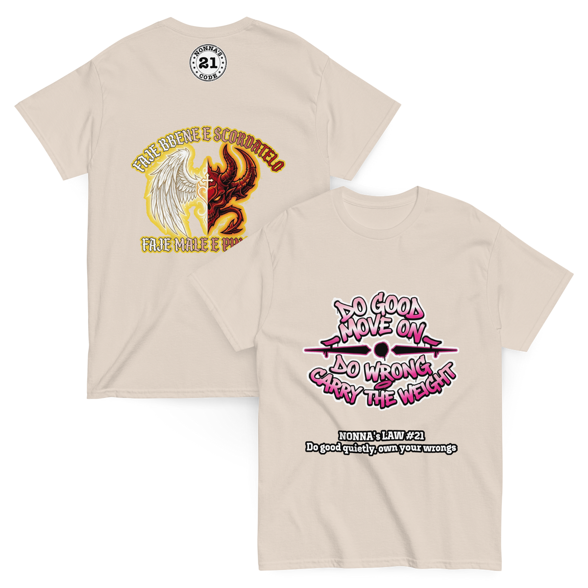 Natural beige Nonna’s Law #21 T-shirt, front and back, with ‘Do good move on’ lettering and an angel-and-devil graphic